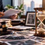 Wrongful death investigation with legal evidence, case files, and an hourglass